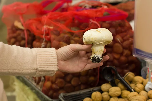 Жінка Вибирає Гриби Супермаркеті Концепція Здорової Їжі Біо Вегетаріанська Дієта — стокове фото