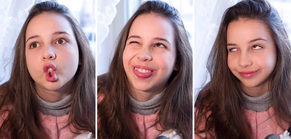 Collage Van Positieve Portret Van Mooie Tiener Meisje Maken Grimas — Stockfoto