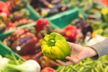 Kadın eli süpermarkette biber seçiyor. Sağlıklı gıda kavramı, biyoloji, vejetaryen, diyet.