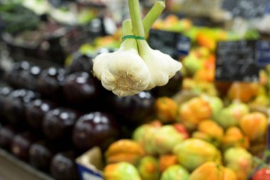 Süpermarkette taze sarımsak. Sağlıklı gıda kavramı, biyoloji, vejetaryen, diyet.
