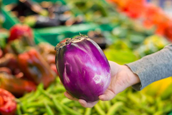 Жіноча Рука Вибирає Баклажан Супермаркеті Концепція Здорової Їжі Біо Вегетаріанська — стокове фото