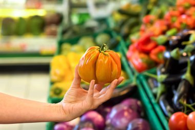 Kadın eli süpermarkette domates seçiyor. Sağlıklı gıda kavramı, biyoloji, vejetaryen, diyet.