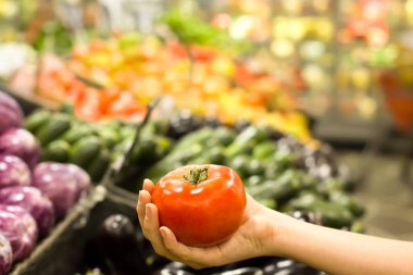Kadın eli süpermarkette domates seçiyor. Sağlıklı gıda kavramı, biyoloji, vejetaryen, diyet.