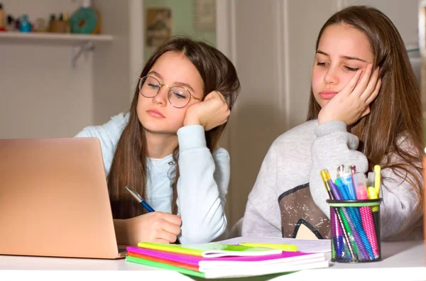 Due Ragazze Fanno Compiti Con Aiuto Del Portatile Troppe Informazioni — Foto Stock