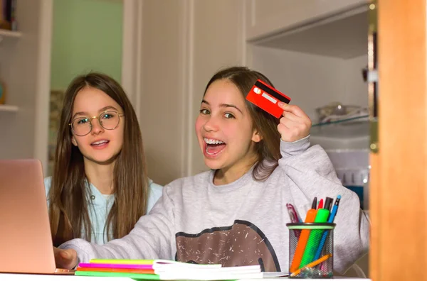 Двоє Дівчат Підлітків Сідають Інтернет Своєму Ноутбуку Шукають Цікаві Товари Ліцензійні Стокові Зображення