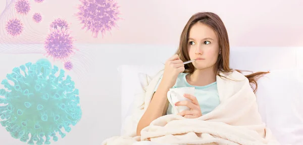 Teenage Girl Sick Virus Fever Stays Bed Measures Fever Thermometer — Stock Photo, Image