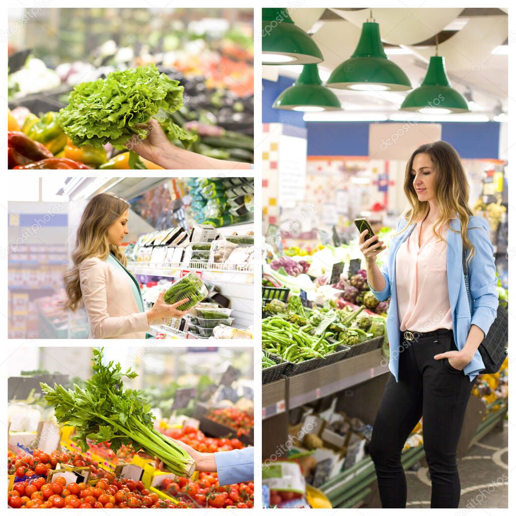 Collage with woman and female hand who chooses vegetables in supermarket. Concept of healthy food, bio, vegetarian, diet
