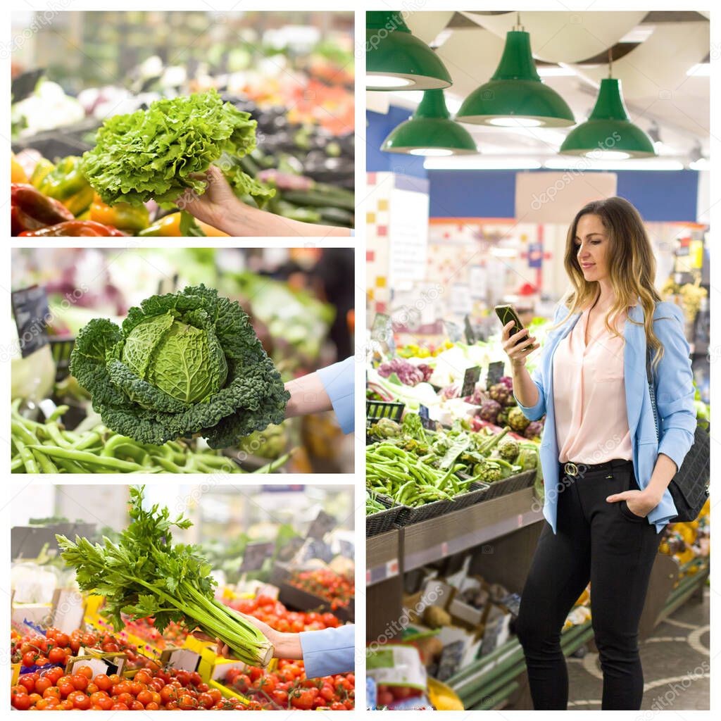 Collage with woman and female hand who chooses vegetables in supermarket. Concept of healthy food, bio, vegetarian, diet