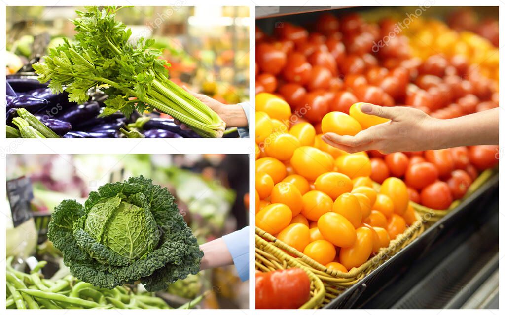 Collage with female hand who chooses vegetables in supermarket. Concept of healthy food, bio, vegetarian, diet