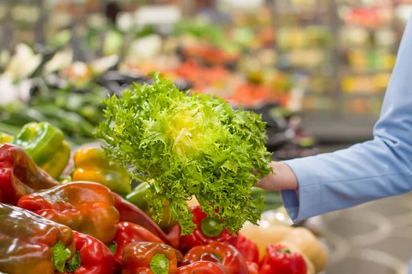 Kvinnlig Hand Väljer Sallad Snabbköpet Begreppet Hälsosam Mat Bio Vegetariskt — Stockfoto