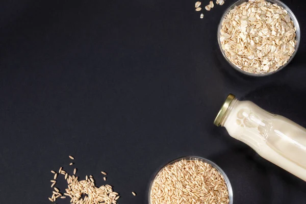 Oat seeds and flakes in glass bowls and glass bottle with oat milk on dark grey background.