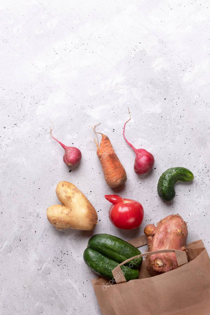 Set of ripe ugly vegetables scattered in diagonal out of paper bag on grey concrete background.