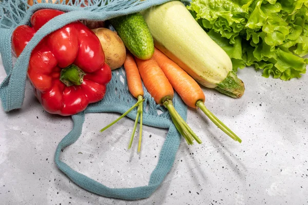 Крупним планом свіжі фермерські овочі в сумці на сірому бетонному фоні . — стокове фото