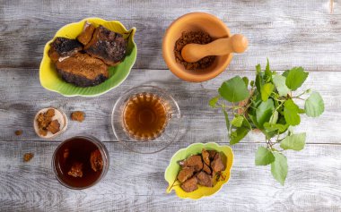 Huş ağacı mantarı chaga 'sından şifa aşılama, pişirme malzemeleri ve ahşap masada yeşil huş dalları. Chaga kahvesi ya da çay. İçecek dokunulmazlığı arttırıyor. Moda süper yiyecekler. Üst manzara, düz uzanma.