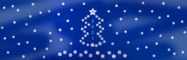 Banner largo festivo - Símbolo de Natal - Árvore de Natal disposta de flocos de neve em fundo azul com espaço de cópia para texto. — Fotografia de Stock