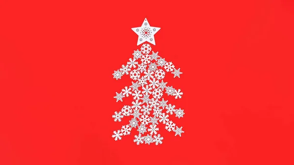 Ünnepi Xmas minimális háttér ünnep szimbólum - karácsonyfa megállapított fehér hópelyhek piros háttér. — Stock Fotó