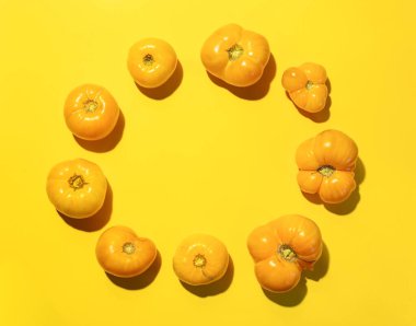 Sarı farklı boyutlarda çiftlik domatesleri açık sarı arka planda daire şeklinde dizilmiş ve metin için kopyalama alanı var. Üst görünüm.