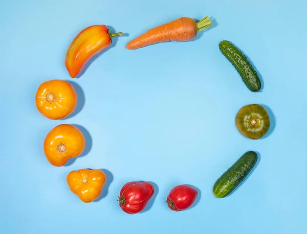 Различные свежие сельскохозяйственные овощи выложены по кругу на синем фоне с копировальным пространством для текста в центре. Вид сверху. — стоковое фото