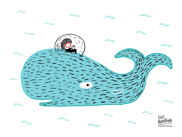 Láska Čtení Dívka Knihou Velrybu Pod Mořskou Hladinou Ručně Kreslenou — Stockový vektor