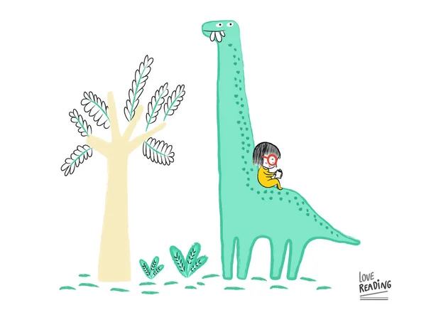 Adoro Leitura Menina Lendo Livro Cima Diplodocus Ilustração Vetorial —  Vetores de Stock