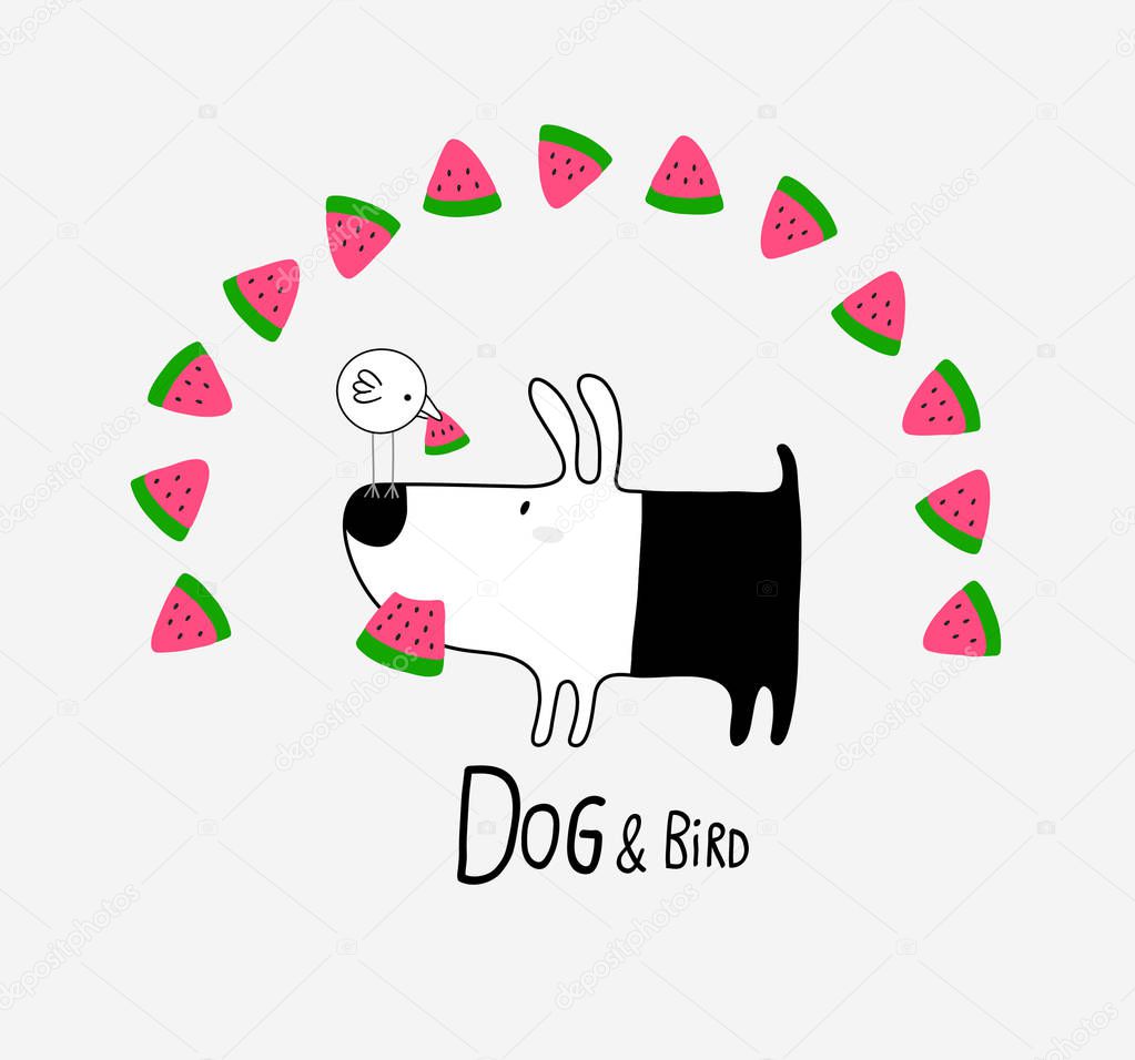 Dog & Bird eating Watermelon, vector illustration