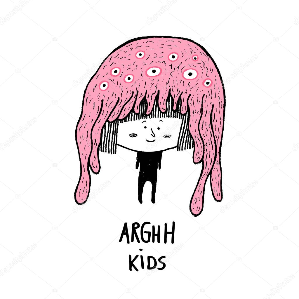 Arghh Kids, cute character with a monster hat. Hand drawn vector illustration