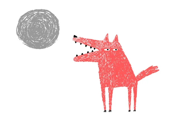 Wolf Volle Maan Hand Getekende Vectorillustratie — Stockvector