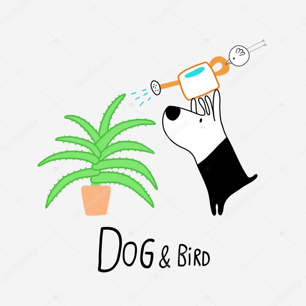 Dog & Bird watering an Aloe Vera,vector illustration