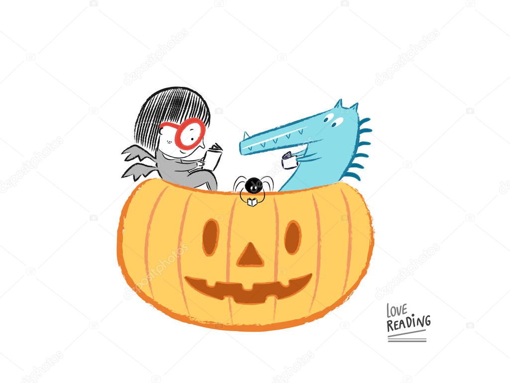 Little girl reading on Halloween, vector illustration