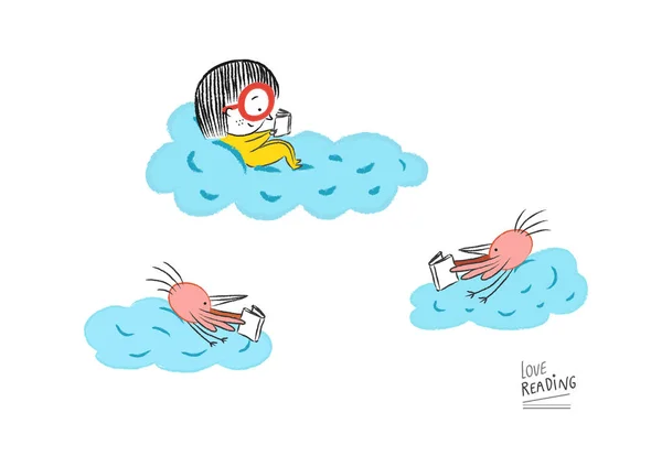 Klein meisje lezen in de wolken begeleid door vogels — Stockvector