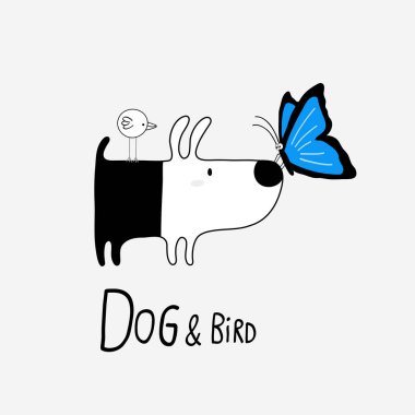 Mavi Morfo Kelebeği olan Köpek ve Kuş