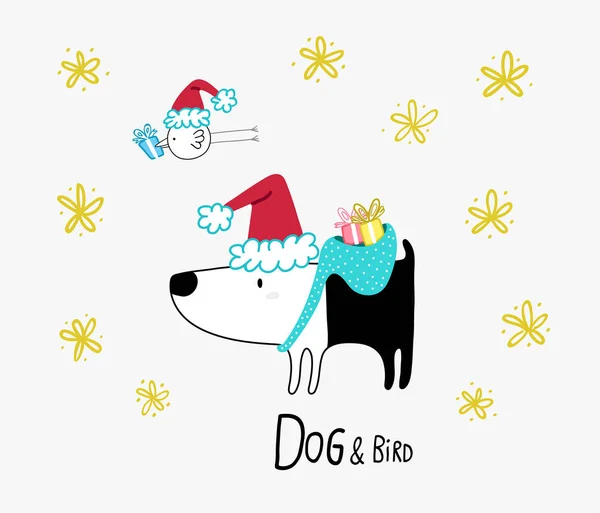 Chien & Oiseau avec cadeaux de Noël — Image vectorielle