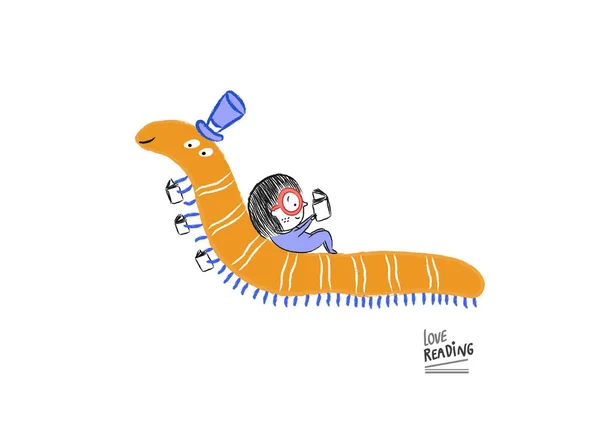 Hou van lezen, klein meisje lezen met Mr. worm — Stockvector