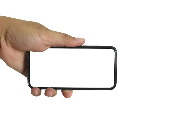 Telefonu beyaz arka planda tutan eller