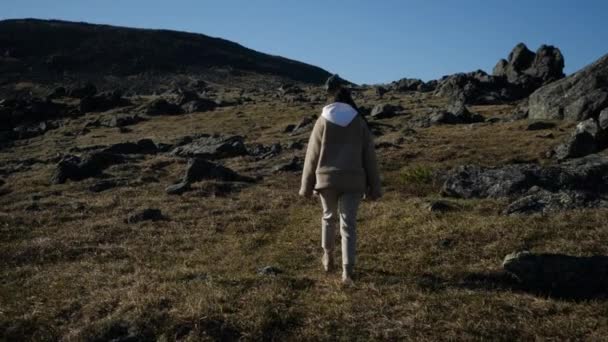 Bej ceketli genç kız yüksek dağların arasında yürüyor. — Stok video
