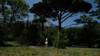 Beyaz elbiseli bir kız etrafındaki uzun ağaçlara hayran.