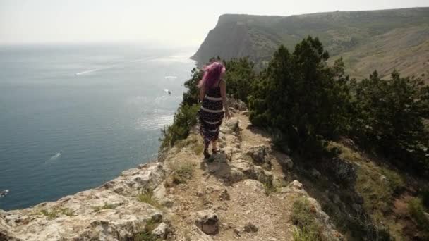 Девушка с розовыми волосами ходит по краю скалы — стоковое видео