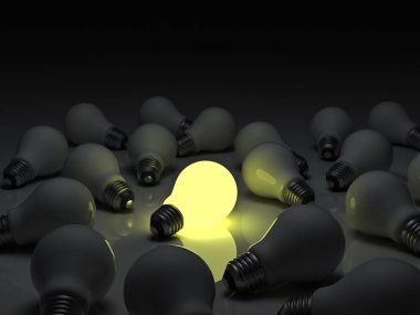 One glowing light bulb standing out from the unlit incandescent bulbs with reflection , individuality and different concept 3D rendering clipart