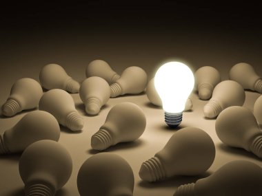 Beyaz arka plan bireysellik ve farklı yaratıcı fikir kavramları 3d render üzerinde ışıksız akkor ampuller ayakta parlayan bir ampul