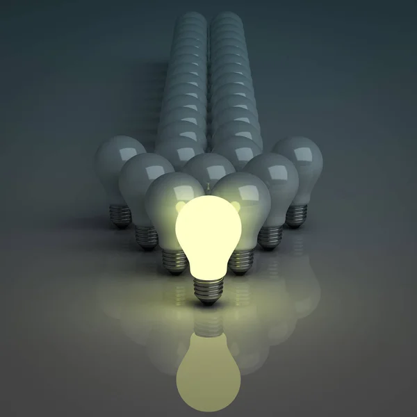 Ιδέα ηγεσίας, μια φωτεινή λάμπα μπροστά από φωτεινές λάμπες — Φωτογραφία Αρχείου