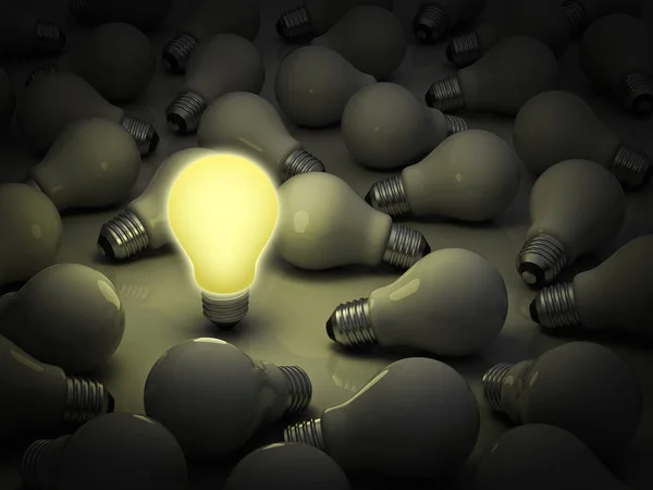Concept de leadership, ampoule allumée amongs ampoules non allumées — Photo