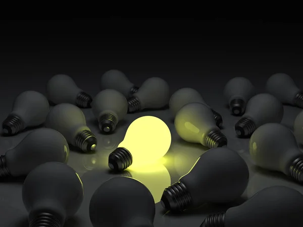 反射、個性と異なる概念3Dレンダリングと明るい白熱電球から目立つ1つの輝く電球 — ストック写真