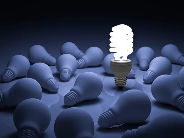 Oszczędność energii żarówka jeden świecący kompaktowy świetlówki żarówki stojący na zewnątrz z nieoświetlonych żarówek na niebieskim tle indywidualność i różne pojęcia twórczego pojęcia renderowania 3D — Zdjęcie stockowe