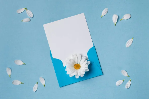 Spring top view composition: blank stationary template / invitation mockup in envelope, scattered petals around, white flower with yellow heart. Sky blue background with copy space for text. Flat lay. — Stock Photo, Image