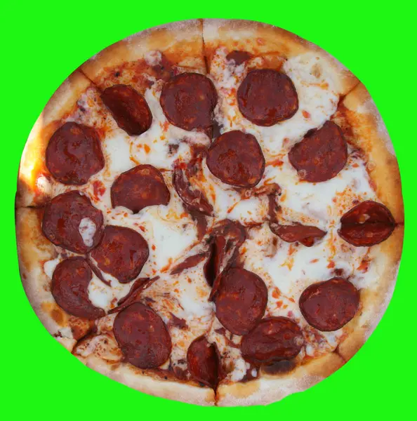 Yeşil arka planda küçük sosis parçaları ile en ünlü pizza.