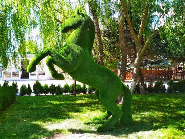 Una Escultura Caballo Pie Sobre Sus Patas Traseras Parque Sobre —  Fotos de Stock