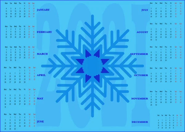 2021 yılının takvimi mavi ve ortasında bir kar tanesi var..