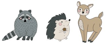 El çizilmiş düz renkli orman hayvanları bir dizi: rakun, geyik, h