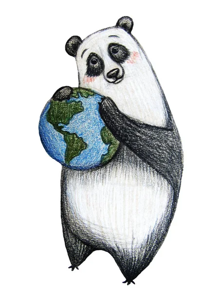 Panda Desenhado Mão Abraça Terra Fundo Branco Isolados — Fotografia de Stock