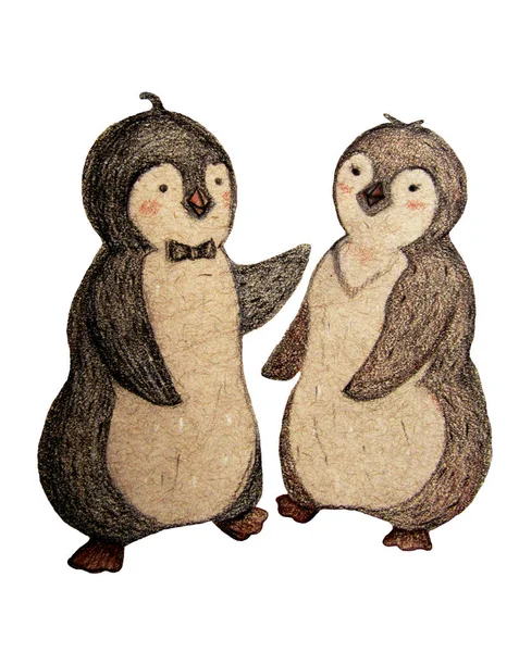 Изолированная Пара Нарисованных Вручную Пингвинов Белом Фоне — стоковое фото